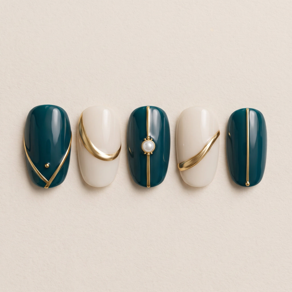 Teal & Gold 06 press-on nails